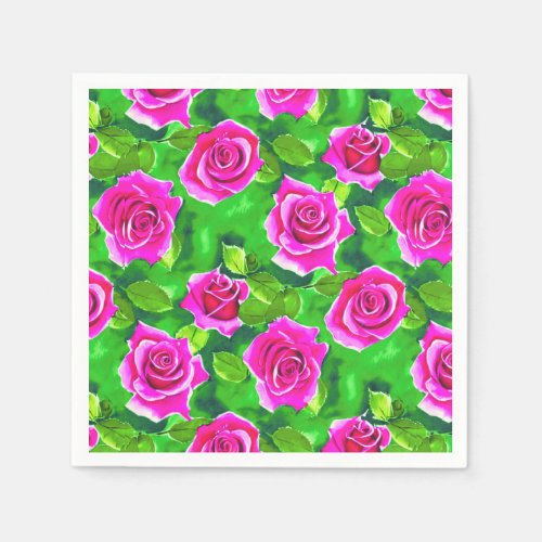 Fuchsia Pink Watercolor Rose Pattern Napkins