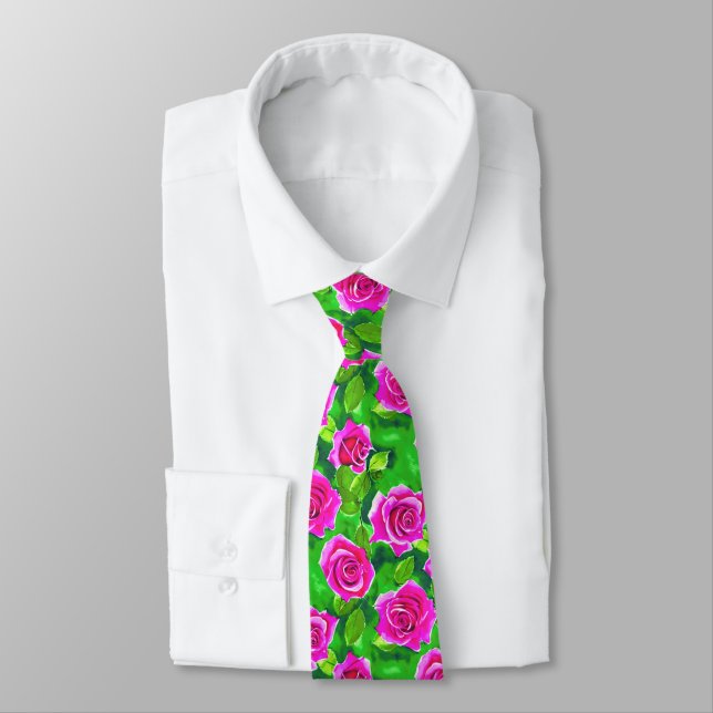 Fuchsia Pink Watercolor Rose Pattern Neck Tie (Tied)