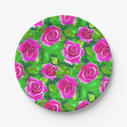 Fuchsia Pink Watercolor Rose Pattern Paper Plates