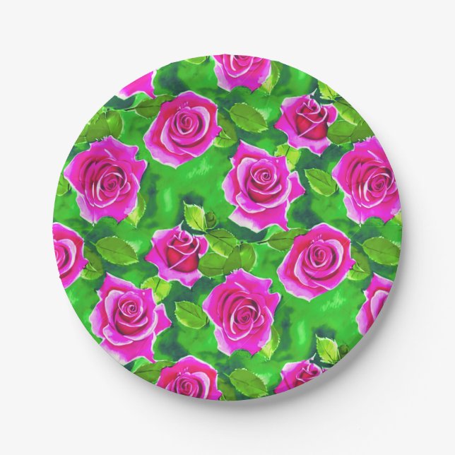 Fuchsia Pink Watercolor Rose Pattern Paper Plates (Front)