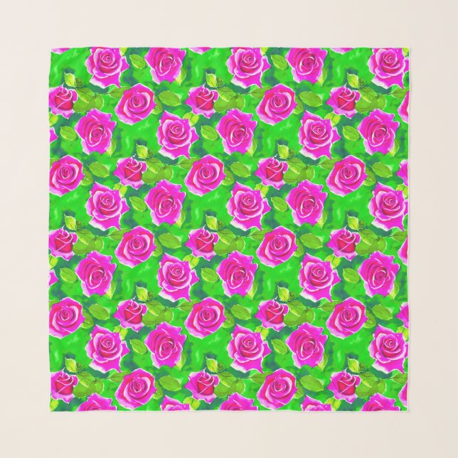 Fuchsia Pink Watercolor Rose Pattern Scarf (Front)