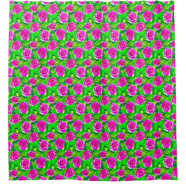 Fuchsia Pink Watercolor Rose Pattern Shower Curtain (Front)