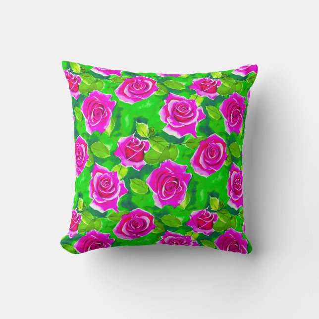 Fuchsia Pink Watercolor Rose Pattern Throw Pillow (Front)