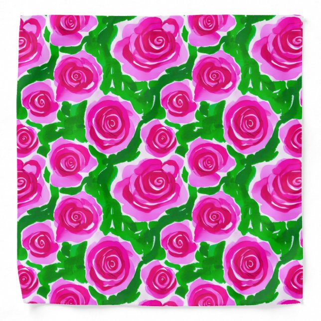 Fuchsia Pink Watercolor Roses Bandana (Front)