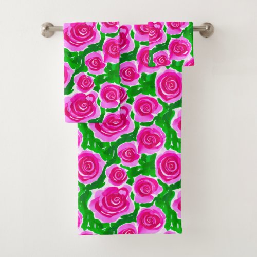 Fuchsia Pink Watercolor Roses Bath Towel Set