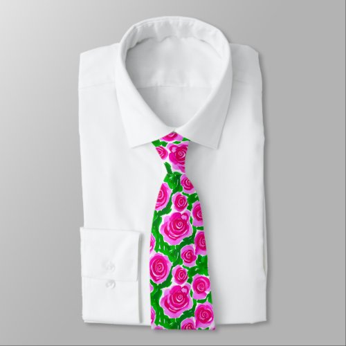 Fuchsia Pink Watercolor Roses Neck Tie