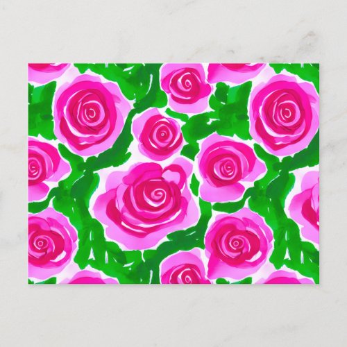 Fuchsia Pink Watercolor Roses Postcard