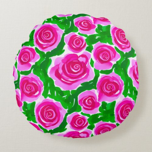 Fuchsia Pink Watercolor Roses Round Pillow