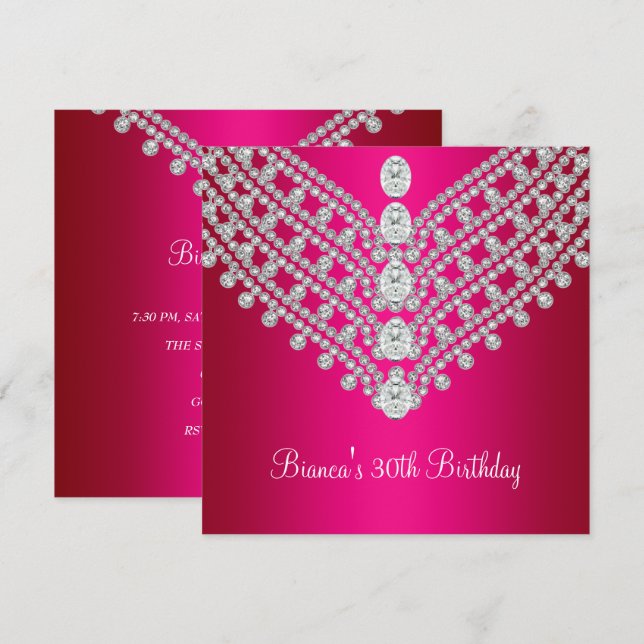 Fuchsia Pink White Diamond Jewel 30th Birthday Invitation (Front/Back)