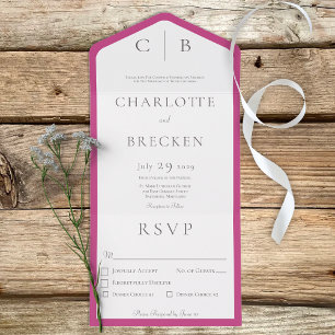 Fuchsia Pink & White Monogram Minimal Dinner All In One Invitation