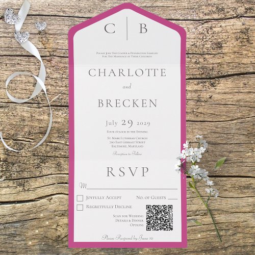 Fuchsia Pink  White Monogram Minimal QR Code All In One Invitation
