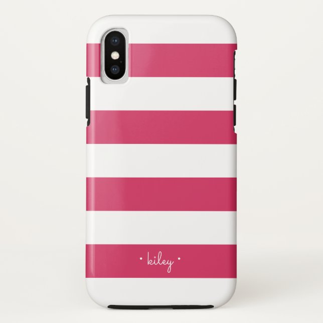 Fuchsia Pink & White Stripe Personalized Case-Mate iPhone Case (Back)