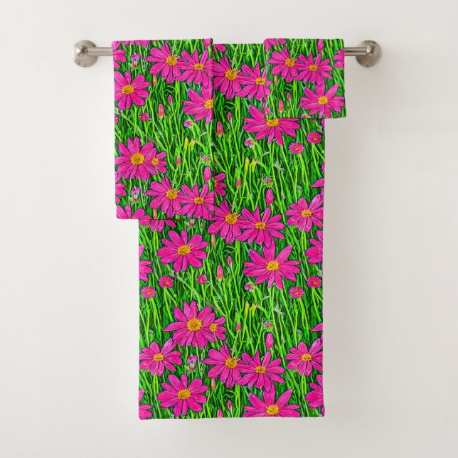 Fuchsia Pink Wildflowers in a Field  Bath Towel Set (Insitu)