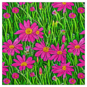 Fuchsia Pink Wildflowers in a Field Fabric