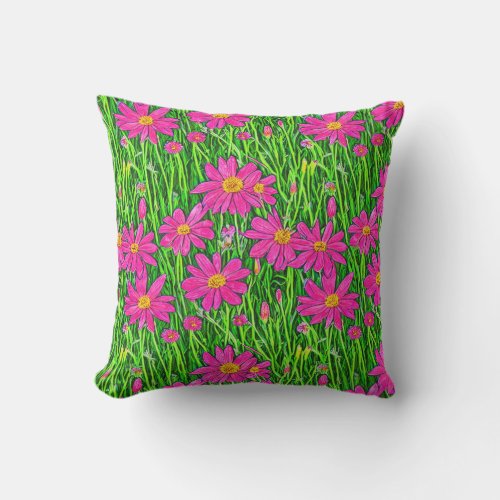 Fuchsia Pink Wildflowers in a Field    Outdoor Pillow