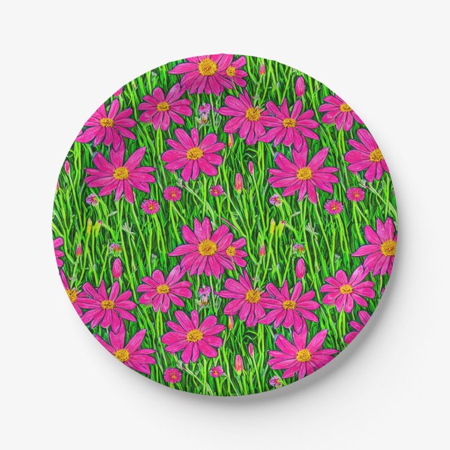 Fuchsia Pink Wildflowers in a Field    Paper Plates (Front)
