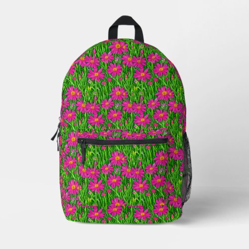 Fuchsia Pink Wildflowers in a Field Printed Backpack