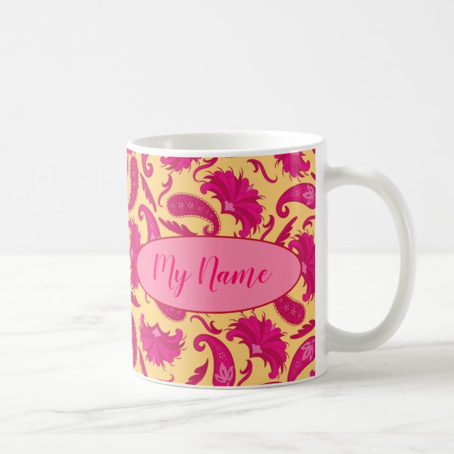Fuchsia Pink Yellow Name Personalized Paisley Coffee Mug (Right)
