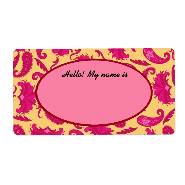 Fuchsia Pink Yellow Paisley Name Tag Label (Front)