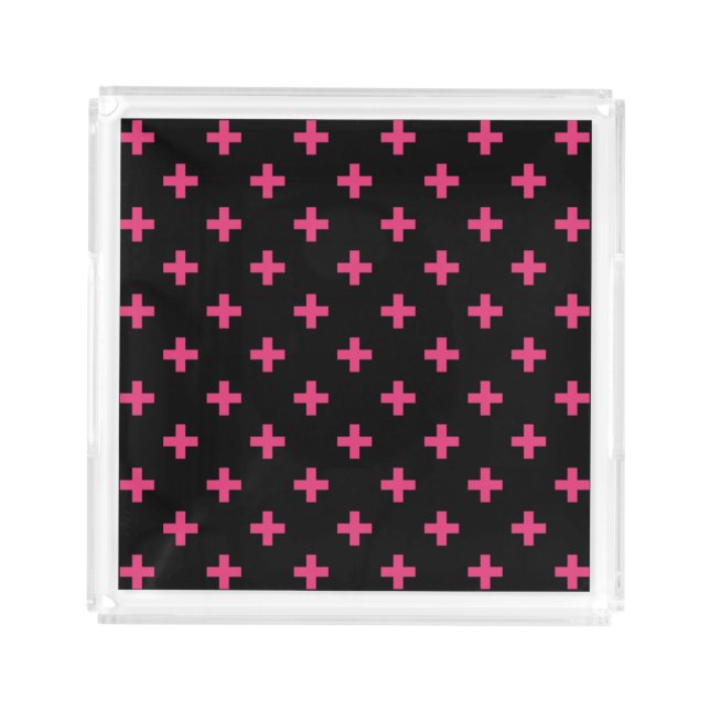 Fuchsia polka crosses on black acrylic tray (Front)