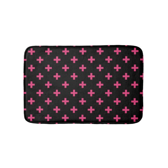 Fuchsia polka crosses on black bath mat (Front)