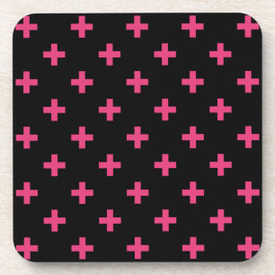 Fuchsia polka crosses on black beverage coaster