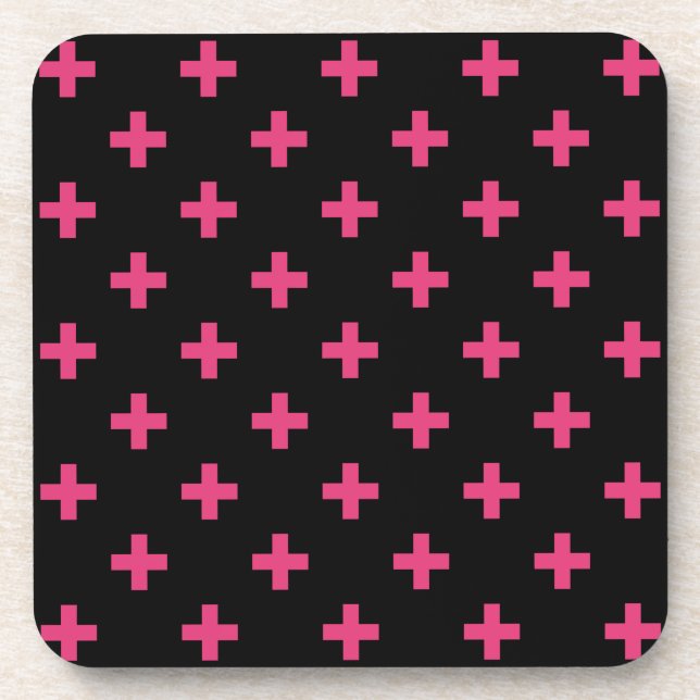 Fuchsia polka crosses on black beverage coaster (Front)