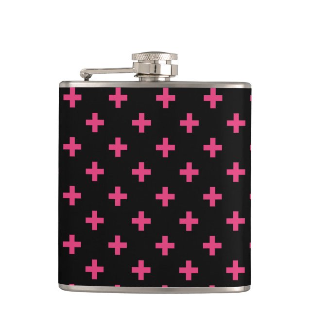 Fuchsia polka crosses on black flask (Front)