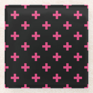 Fuchsia polka crosses on black glass coaster