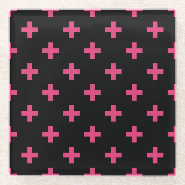 Fuchsia polka crosses on black glass coaster (Front)