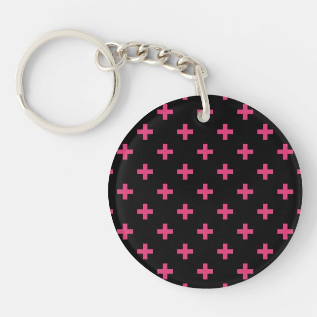 Fuchsia polka crosses on black keychain (Front)