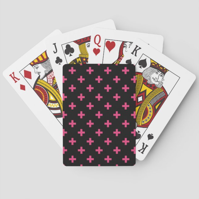 Fuchsia polka crosses on black poker cards (Back)