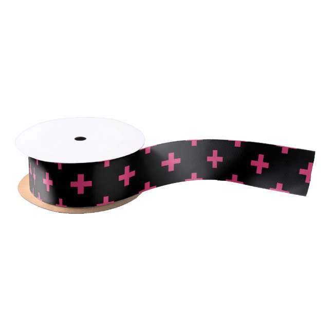 Fuchsia polka crosses on black satin ribbon (Spool)