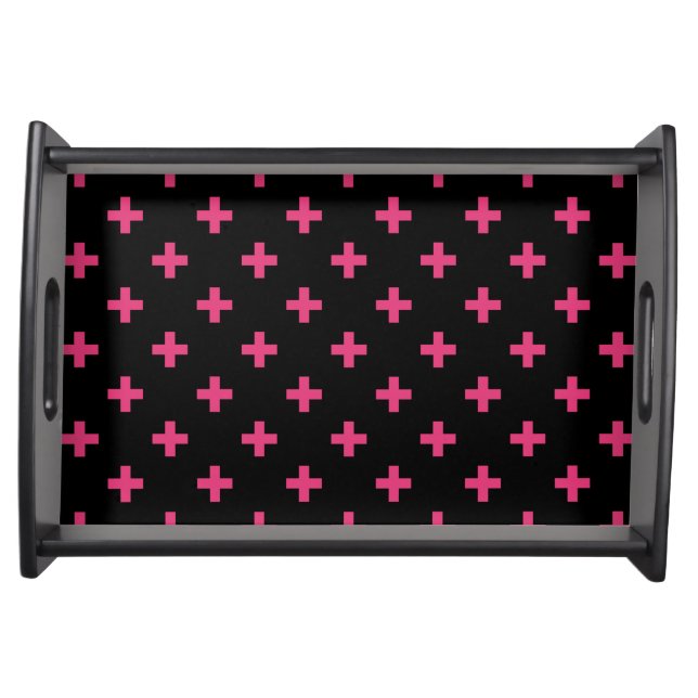 Fuchsia polka crosses on black serving tray (Front)