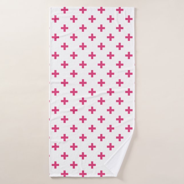 Fuchsia polka crosses on white bath towel (Bath Towel)