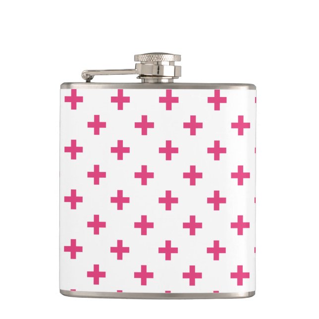 Fuchsia polka crosses on white flask (Front)