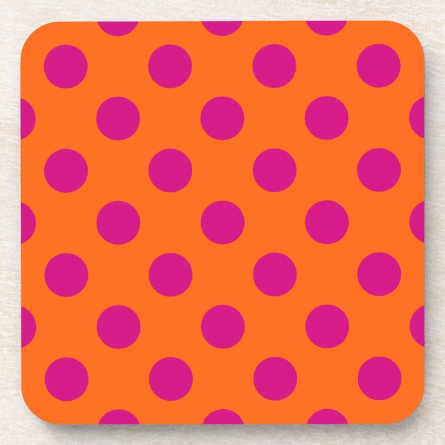 Fuchsia polka dots on orange beverage coaster (Front)