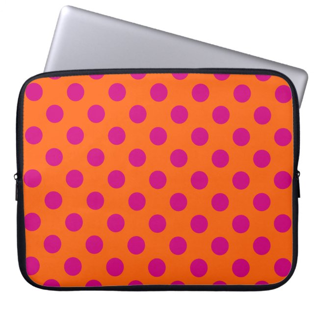 Fuchsia polka dots on orange laptop sleeve (Front)