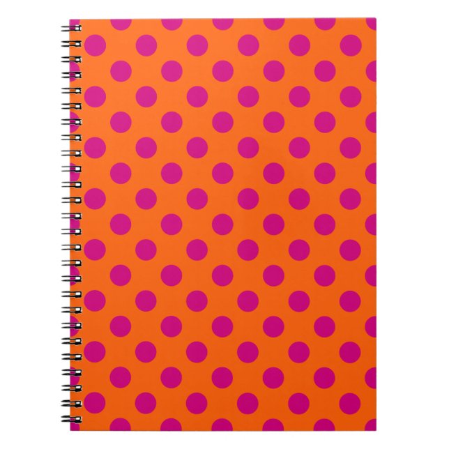 Fuchsia polka dots on orange notebook (Front)