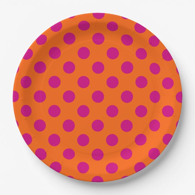 Fuchsia polka dots on orange paper plates (Front)