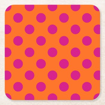 Fuchsia Polka Dots On Orange Square Paper Coaster by FarmingBackwards at Zazzle