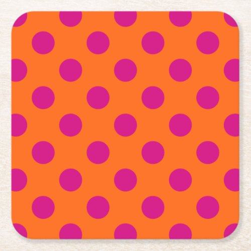 Fuchsia polka dots on orange square paper coaster