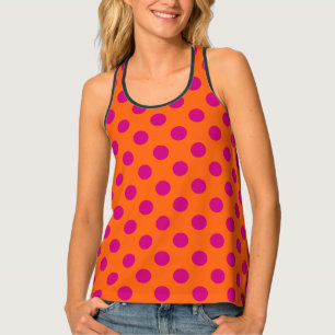 Fuchsia polka dots on orange tank top