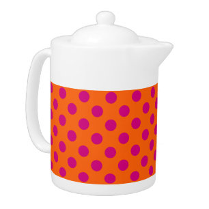 Fuchsia polka dots on orange teapot