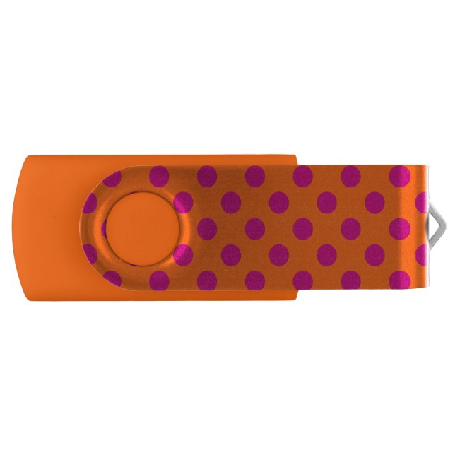 Fuchsia polka dots on orange USB flash drive (Front)