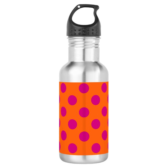 Fuchsia polka dots on orange water bottle (Front)