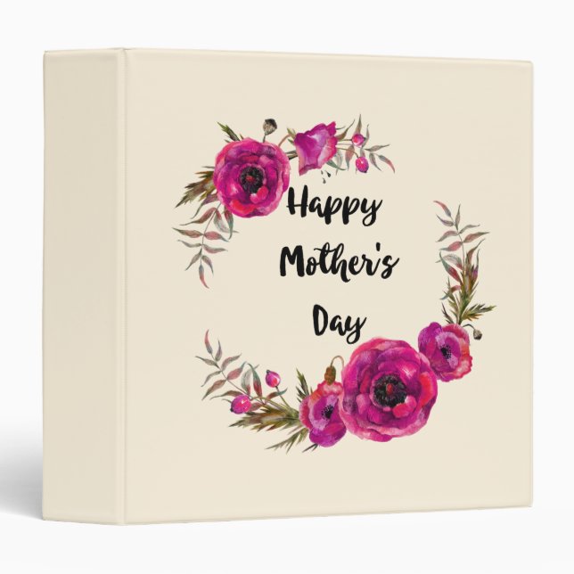 Fuchsia Poppies Floral Wreath Happy Mother's Day 3 Ring Binder (Front/Spine)