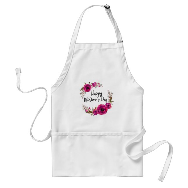 Fuchsia Poppies Floral Wreath Happy Mother's Day Adult Apron (Front)