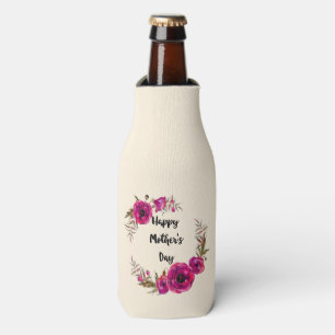 Fuchsia Poppies Floral Wreath Happy Mother's Day Bottle Cooler