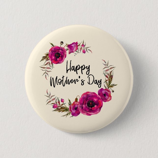 Fuchsia Poppies Floral Wreath Happy Mother's Day Button (Front)